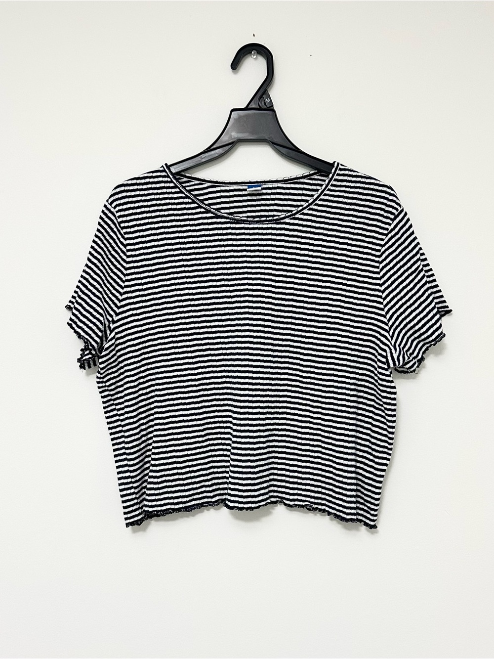 Old Navy Cropped Lettuce-Edge Pointelle Top Women's XL Navy and White Stripe